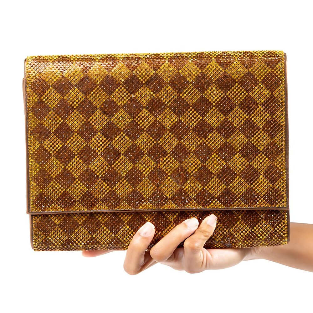 LV Iconic Designer Geometric Pattern Luxury Bronze Gold Bling Sparkle Clutch Bag